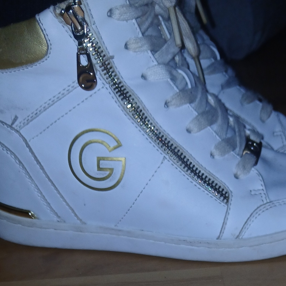 Guess White and Gold High-Top Sneakers